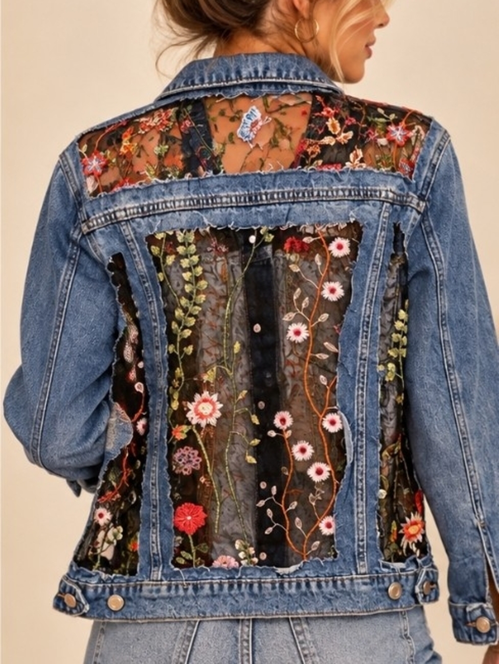 Bershka floral embroidered mesh cutout denim jacket- NWOT